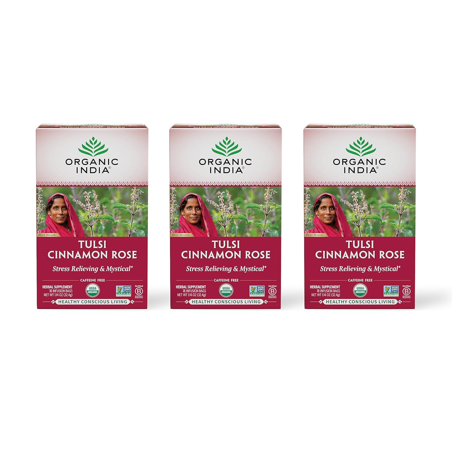 ORGANIC INDIA Tulsi Cinnamon Rose Tea - Tulsi Rose Tea Bags, Cinnamon Tea Bags w/Holy Basil, Chamomile, Caffeine Free - 18 Infusion Bags, 3 Pack