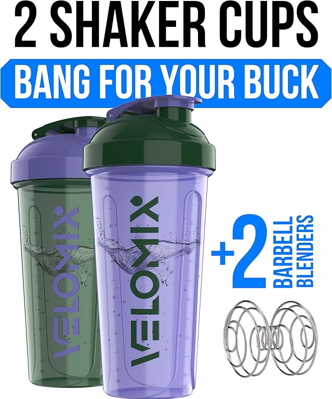 VELOMIX -2 Pack- 28 oz Protein Shaker Bottles for Protein Mixes - 2x Wire Whisk | Leak Proof Shaker Cups for Protein Shakes | Protein Shaker Bottle Pack (Green/Purple)