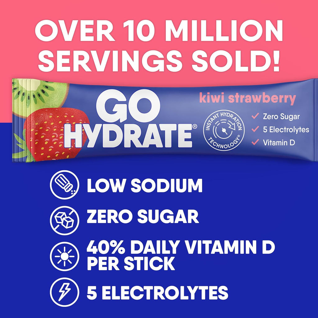 GoHydrate Instant Hydration Powder Packets - Low Sodium Electrolytes Drink Mix - Natural Hydration Support, Sugar Free Electrolyte Flavored Powder Drink with Vitamin D, 30 Packs, Kiwi Strawberry
