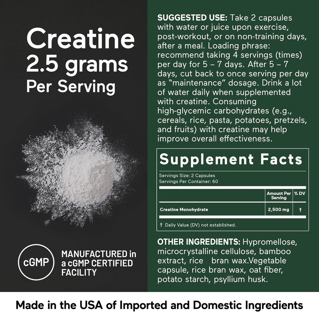 SMARTERNUTRITION Creatine Monohydrate Pills with 2500mg (2.5g) Per Serving, Vegan Capsules - Pre & Post Workout Recovery Support, Promotes Muscle Mass &. Endurance - 120 Count[60-Day Supply]