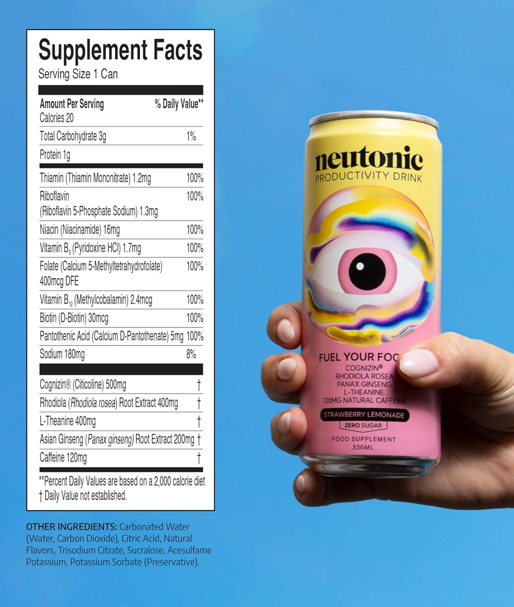 Neutonic Nootropic Productivity Energy Drink | Strawberry Lemonade 12 Cans | 120mg Natural Caffeine, Zero Sugar | Support Memory, Mental Clarity, Cognitive Function | Boost Focus, Energy, Brain Health