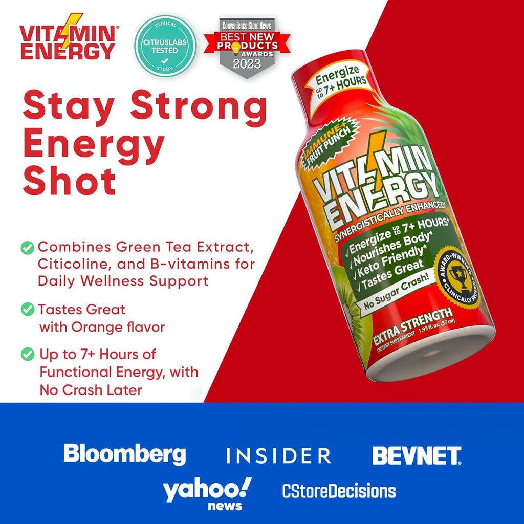 Vitamin Energy Immune+ Extra Strength Energy Shot Fruit Punch 24 Pack, 260mg Natural Caffeine, B-Vitamins, Citicoline, Green Tea, Immunity & Focus Support, Zero Sugar, Gluten-Free 1.93 fl oz