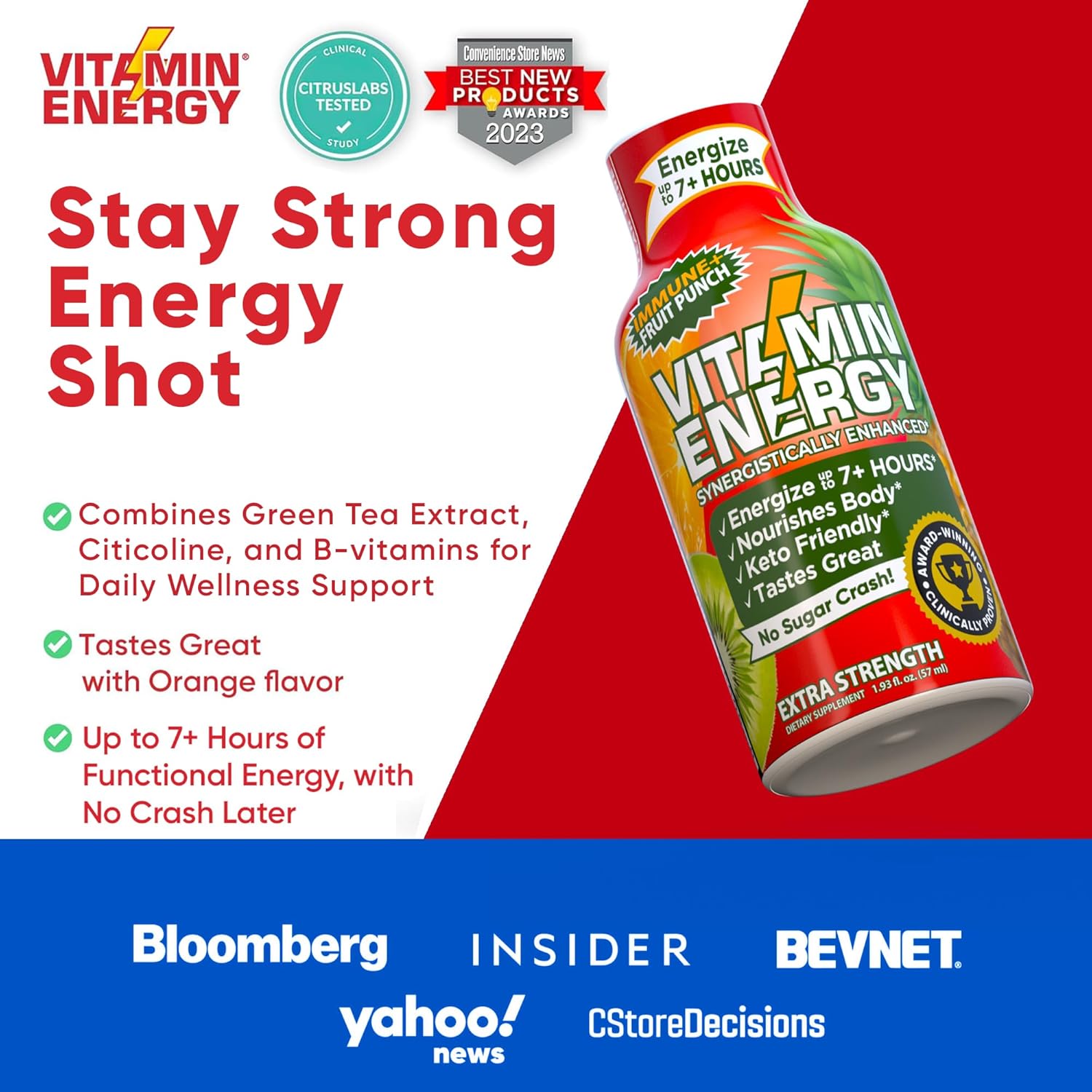 Vitamin Energy Immune+ Extra Strength Energy Shot Fruit Punch 24 Pack, 260mg Natural Caffeine, B-Vitamins, Citicoline, Green Tea, Immunity & Focus Support, Zero Sugar, Gluten-Free 1.93 fl oz