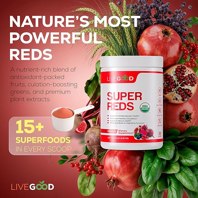 LiveGood Super Reds Organic Superfood Powder with Beetroot and Organic Pomegranate Powder, Antioxidant Fruit Blend and Red Beets Supplements for Daily Energy (30 Servings)