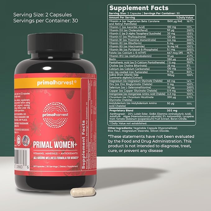 Primal Harvest Multivitamin for Women Vitamin A, Vitamin C, Vitamin D and E, Vitamin B12, B6, Biotin, Zinc Supplements, 60 Capsules (Womens 2 Pack)