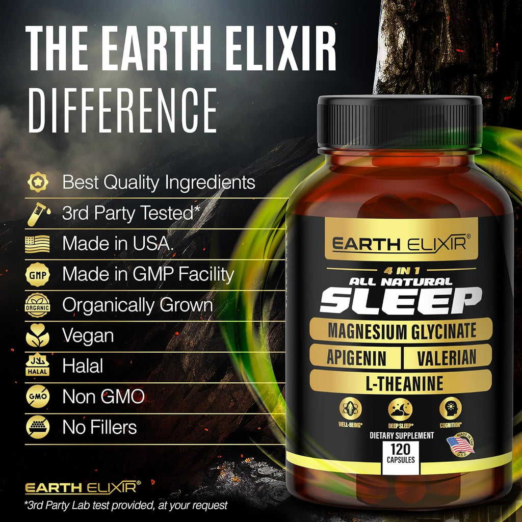 Earth Elixir 4-in-1 Sleep Aid (120 Caps) w/Apigenin 50mg, Magnesium Glycinate 200mg, L Theanine 200mg & Valerian Root for Sleep Aid 300mg | Apigenin Supplement for Sleep | Sleeping Pills