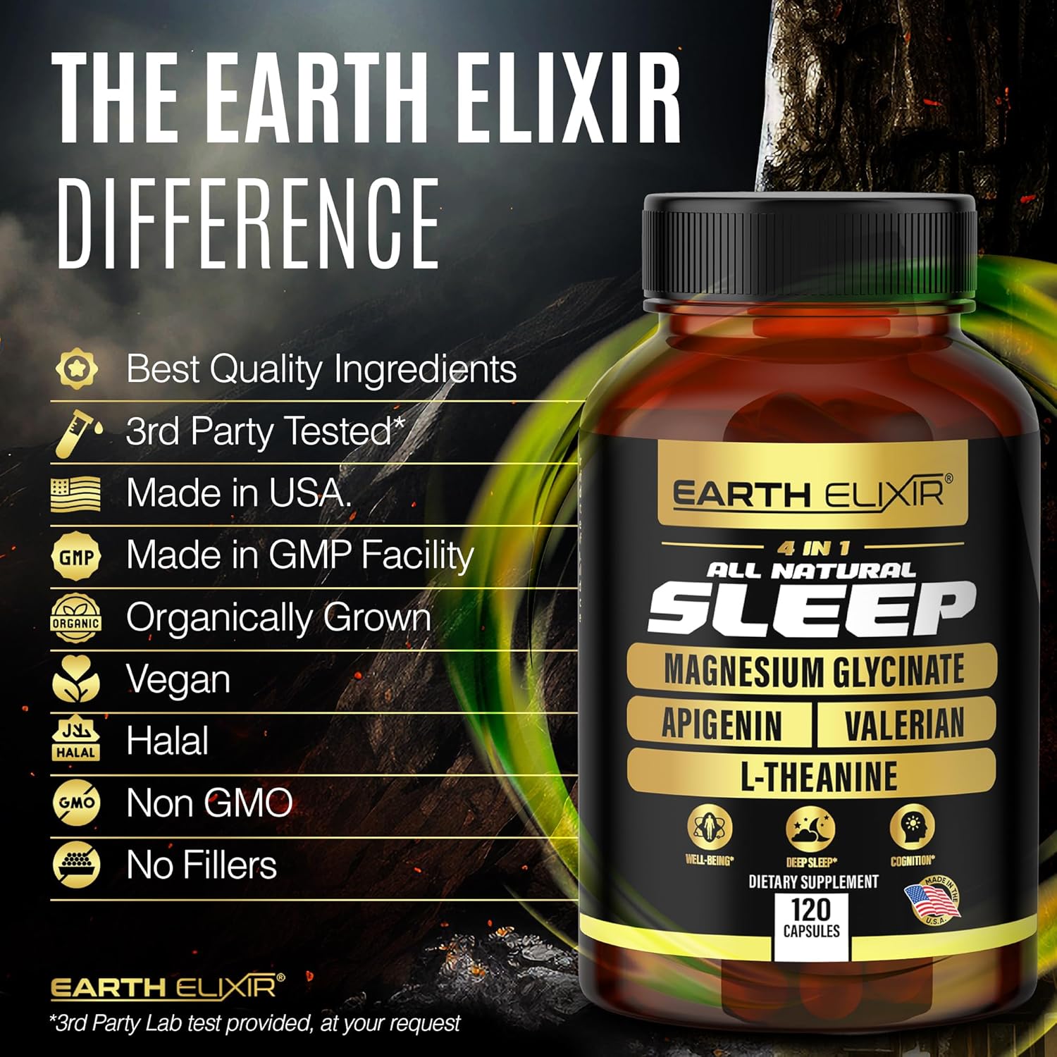 Earth Elixir 4-in-1 Sleep Aid (120 Caps) w/Apigenin 50mg, Magnesium Glycinate 200mg, L Theanine 200mg & Valerian Root for Sleep Aid 300mg | Apigenin Supplement for Sleep | Sleeping Pills