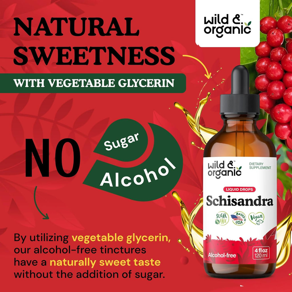 Wild & Organic Schisandra Tincture 500 mg - Natural Schisandra Supplement for Relaxation - Liquid Chinensis Berry Extract - Vegan, Sugar & Alcohol-Free Drops - 4 fl oz