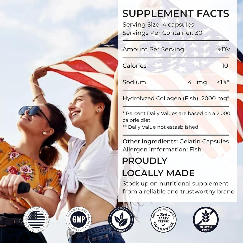 SIRUNES Marine Collagen Peptides, 120 Capsules - Fish Collagen Supplements for Women, Great for Hair, Skin, Nails, Joints & Bones - Made in USA