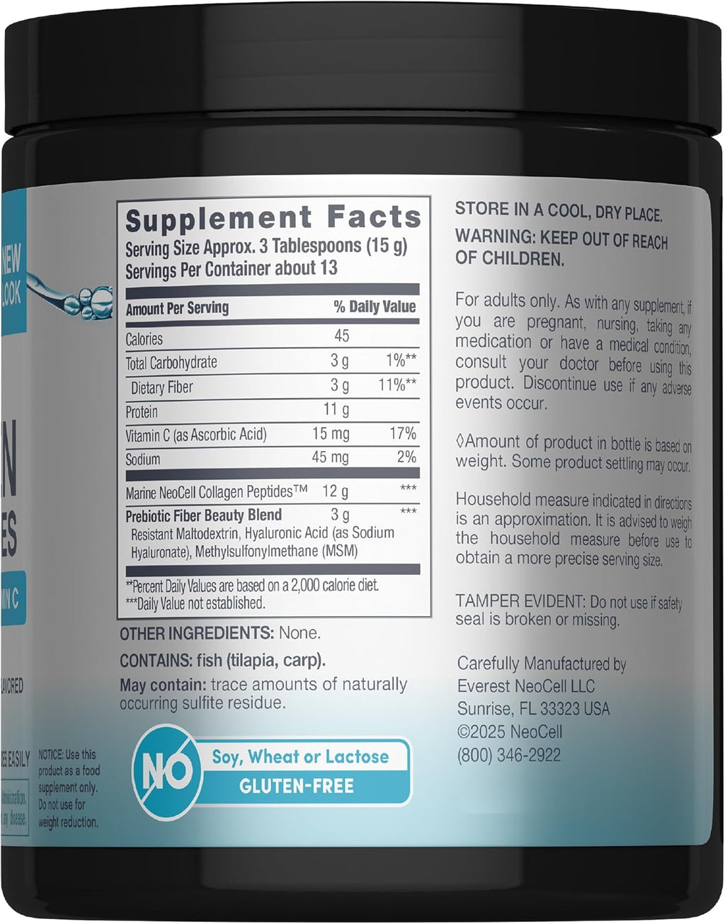 Neocell Marine Collagen with Hyaluronic Acid, MSM and Vitamin C, Keto Collagen Supplements, for Skin Care and Joint Health, Unflavored, Powder, 7 oz, 1 Canister