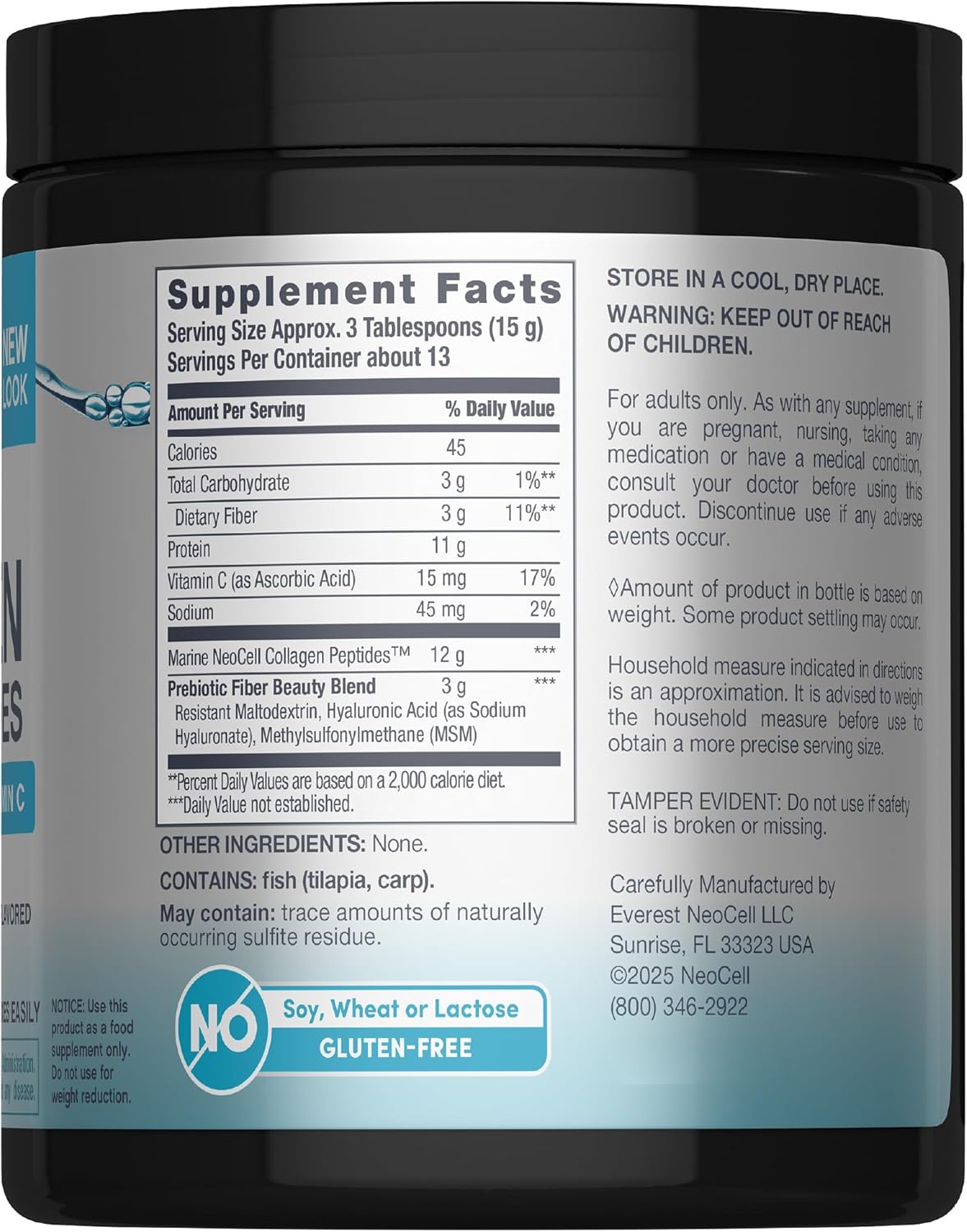 Neocell Marine Collagen with Hyaluronic Acid, MSM and Vitamin C, Keto Collagen Supplements, for Skin Care and Joint Health, Unflavored, Powder, 7 oz, 1 Canister
