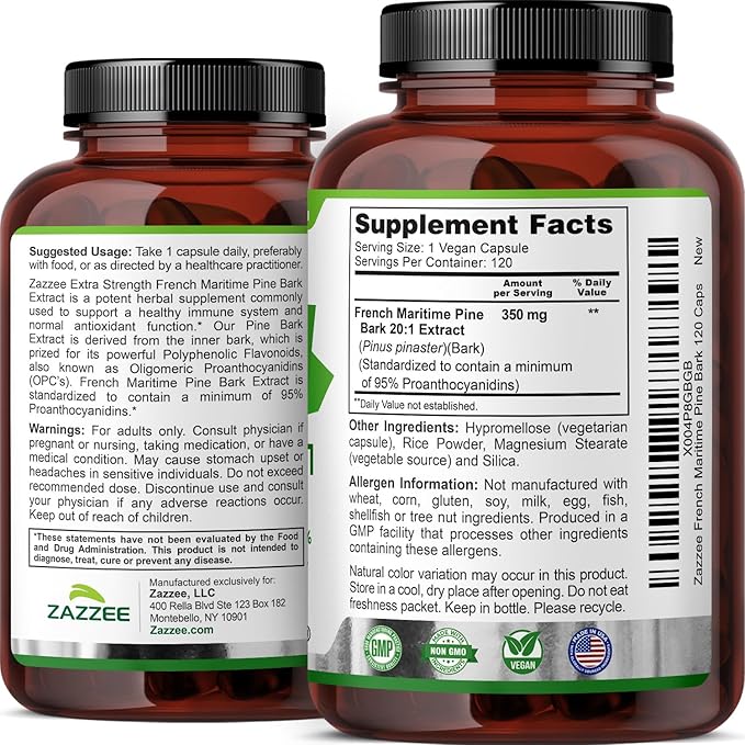 Zazzee Extra Strength French Maritime Pine Bark 20:1 Extract, 350 mg Per Capsule, 120 Vegan Capsules, 95% Proanthocyanidins, Kosher, 4 Month Supply, Standardized 20X Extract, Non-GMO, Made in The USA