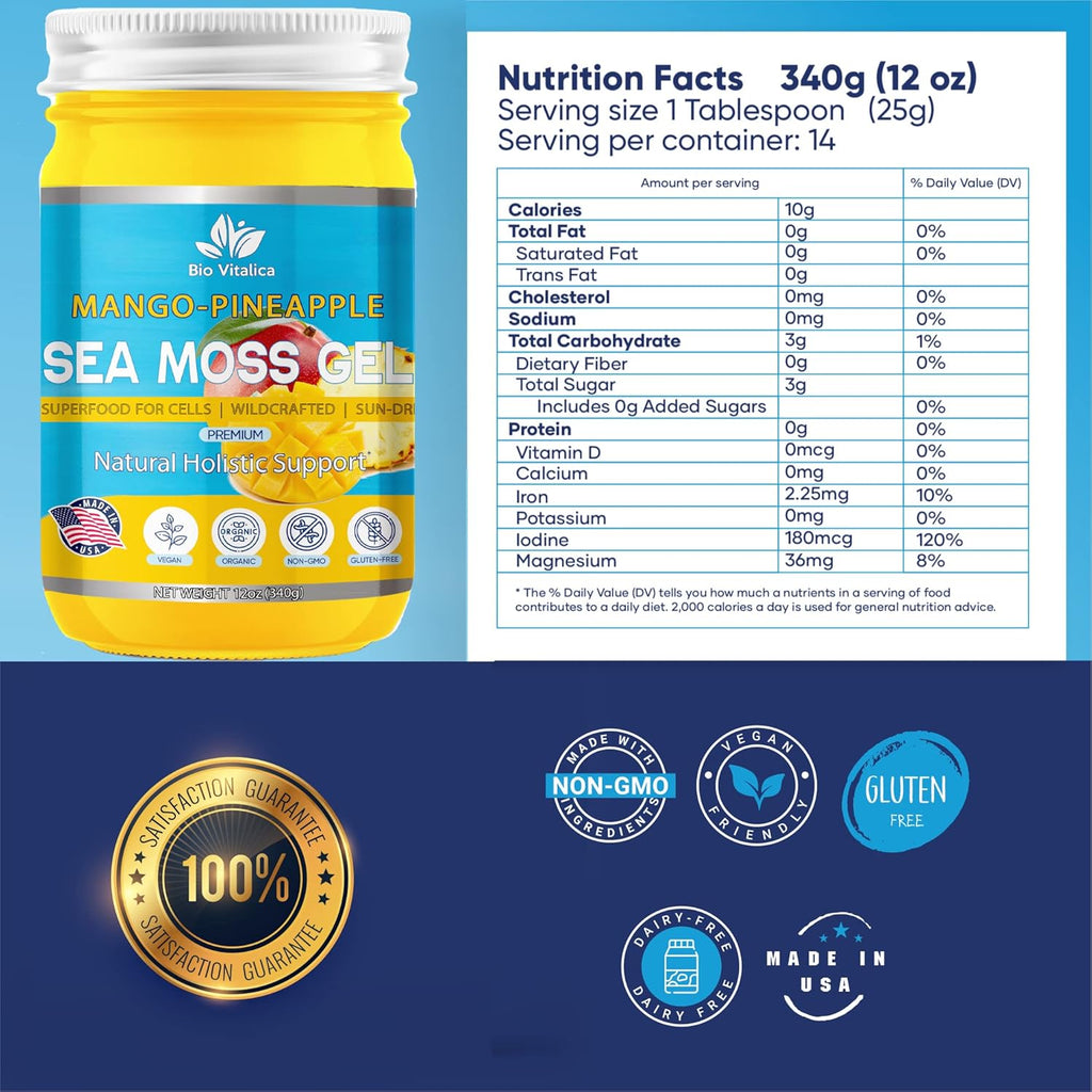 Sea Moss Gel by BioVitalica - Irish sea Moss raw Organic - Premium Quality - Dr Sebi, Vegan superfood for Cells - 100% Natural Seamoss Gel - (Pack of 1, Mango-Pineapple)