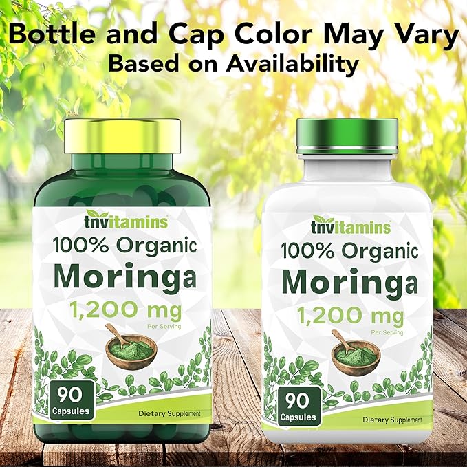 tnvitamins Organic Moringa Powder Capsules: 1,200 mg per Serving, 90 Count | Superfood Supplement for Energy & Vitality* | Organic Moringa Leaf – Non-GMO, Gluten-Free, Made in The USA