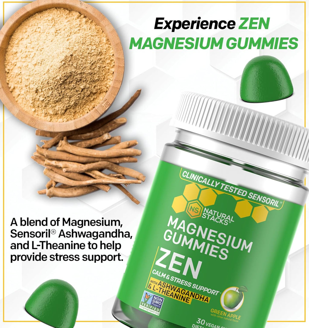 Zen Magnesium Gummies - 200mg Magnesium Citrate & 125mg Sensoril Ashwagandha Gummies - with L Theanine for Calm & Stress Support - Mag Citrate and Ashwagandha Supplement - 30 Green Apple Chewables