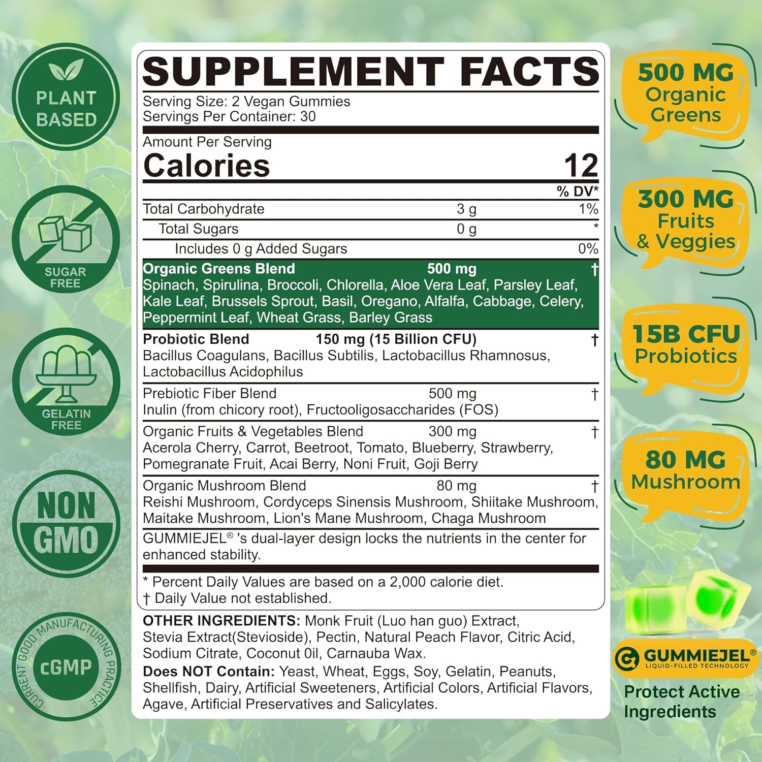 Organic Super Greens Daily Gummies + Probiotics, Spirulina, Chlorella, Spinach, Broccoli, Fiber, Fruits Veggies, Mushroom - Greens Powder Superfood Alternative, Natural Energy, Sugar Free Vegan, 60Cts