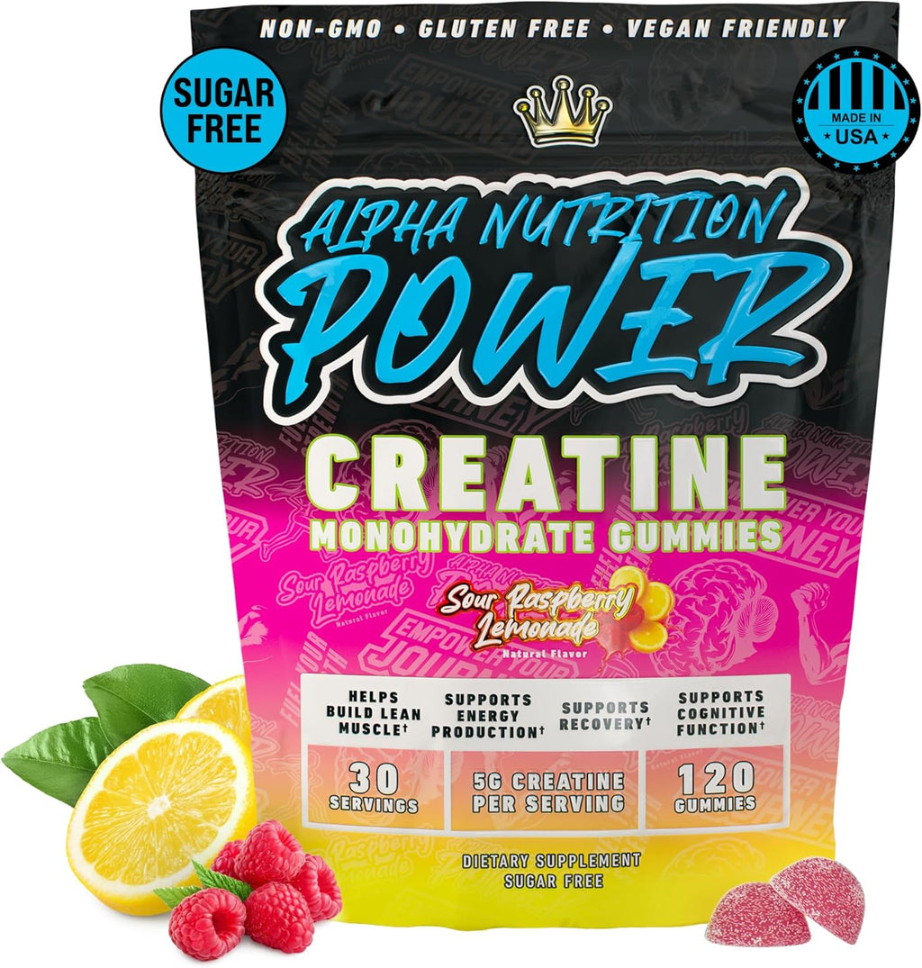 Creatine Monohydrate Gummies 5g for Men & Women | 1.25g Creatine per Gummy for Muscle Growth, Endurance, Recovery, & Focus | Vegan, Non-GMO, Gluten-Free | Sour Raspberry Lemonade Flavor | 120 Count