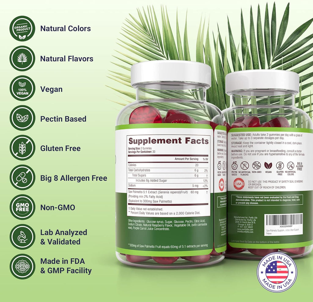 Vegan Saw Palmetto for Women & Men - Potent Saw Palmetto Extract, Prostate Supplements for Men, DHT Blocker for Womens Hair Growth, Hormonal Balance Gummies, PCOS Hair Loss, DHT Blocker, Gluten-Free