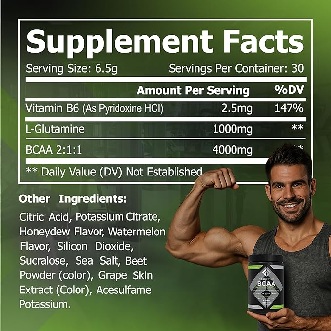 Fossil Fuel Sugar-Free BCAA Powder – Post-Workout Muscle Recovery with BCAAs, Glutamine, Vitamin B6, Amino Acids, Endurance & Hydration, Honeydew Watermelon (30 Servings)