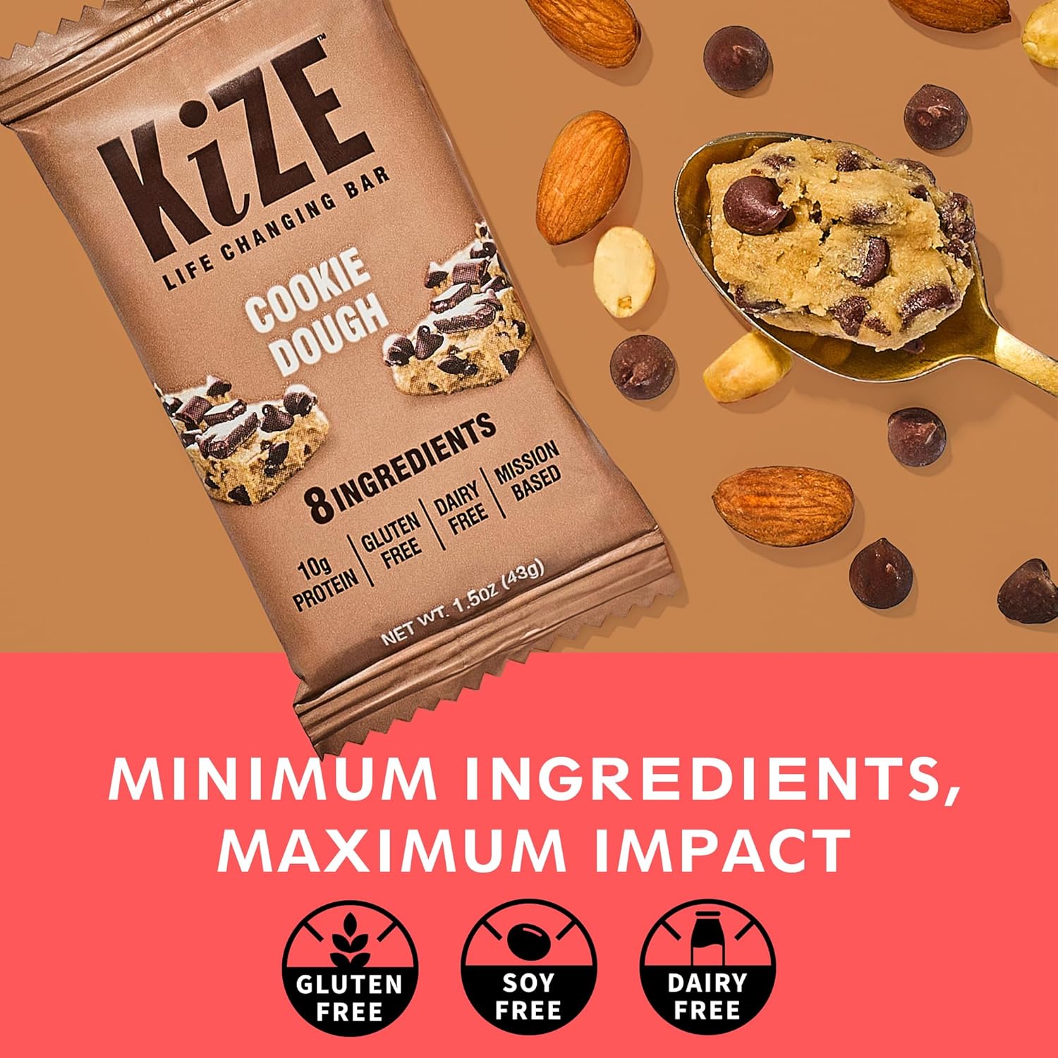 KiZE Energy Bars - Cookie Dough - 30-Count - Gluten Free, Dairy Free, Non-GMO, and High Protein Meal Replacement Energy Bars, Clean and Simple Food Ingredients - 10g High Protein Snacks (30 Count)
