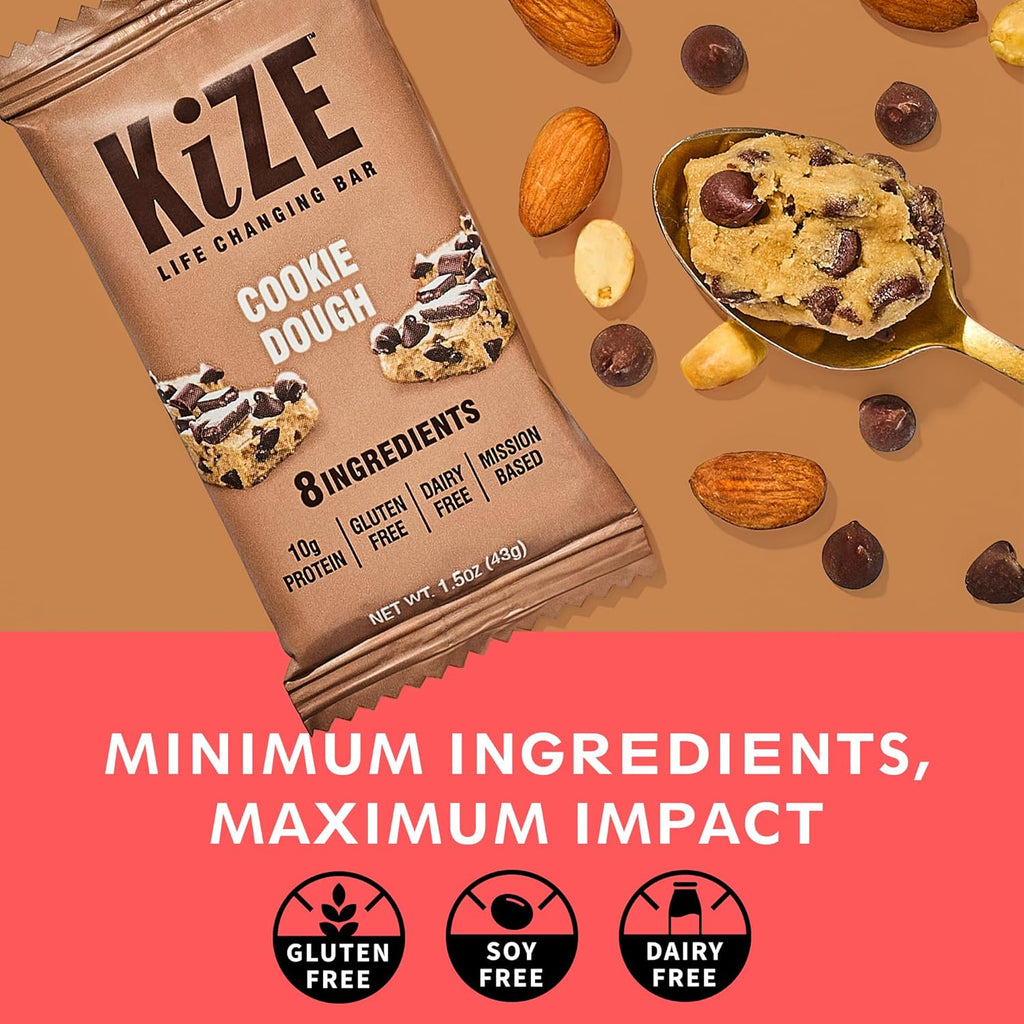 KiZE Energy Bars - Cookie Dough - 20-Count - Gluten Free, Dairy Free, Non-GMO, and High Protein Meal Replacement Energy Bars, Clean and Simple Food Ingredients - 10g High Protein Snacks (20 Count)