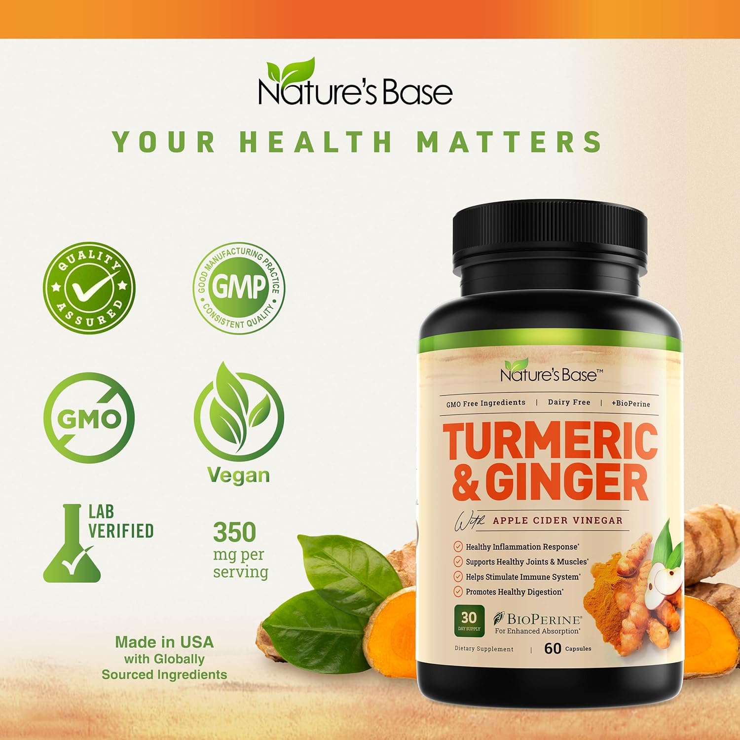Nature's Base Turmeric and Ginger Supplement - with Curcumin, Apple Cider Vinegar & BioPerine Black Pepper Extract - 95% Curcuminoids - 60 Capsules