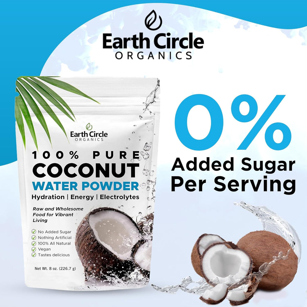 Earth Circle Organics Pure Coconut Water Powder | Coconut Electrolyte Powder for Energy and Hydration Supplement | No Additives | Unsweetened | Vegan | Keto | Gluten Free - 8oz (Pack of 2)