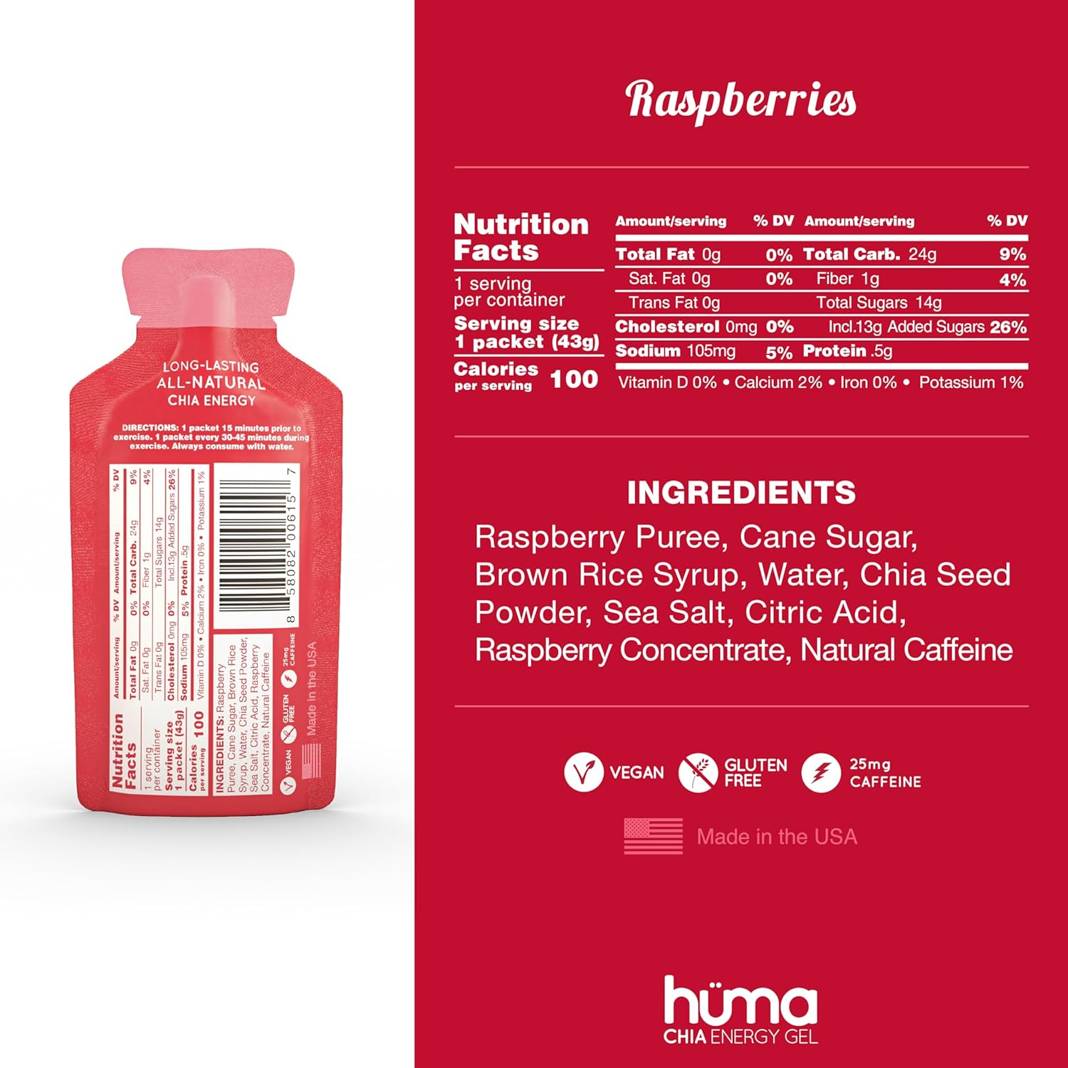 Huma Chia Energy Gel, Raspberries, 12 Gels, 25mg Caffeine per Packet - Premier Sports Nutrition for Endurance Exercise