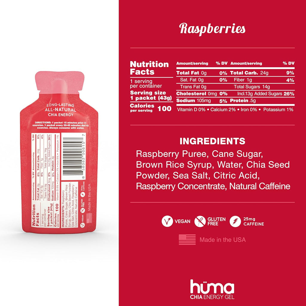 Huma Chia Energy Gel, Raspberries, 24 Gels, 25mg Caffeine - Sports Nutrition for Endurance Exercise