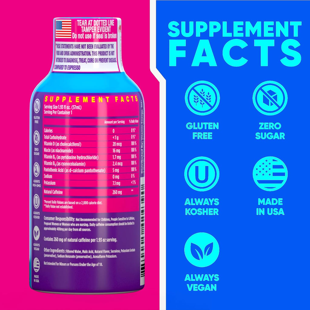 Vitamin Energy Vitamin D Extra Strength Energy Shot Mixed Berry 12 Pack, 260mg Natural Caffeine, B-Complex, Vitamin D, Wellness Support, Keto, Zero Sugar, Gluten-Free Vegan Kosher, 1.93 fl oz