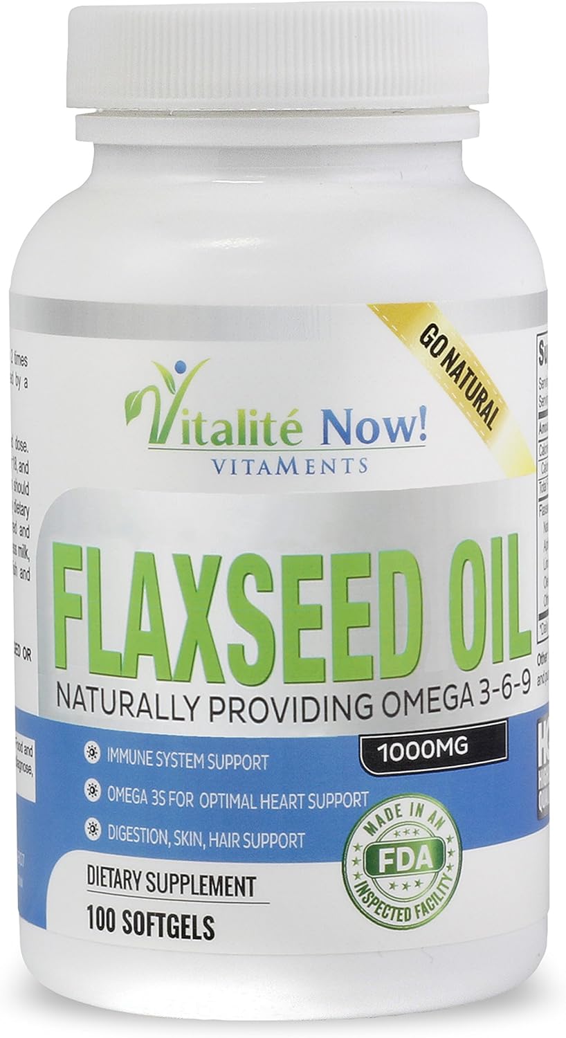 Organic Flaxseed Oil Softgels - 1000mg Premium, Virgin Cold Pressed from Flax Seeds - Hair Skin & Nails Support - Omega 3-6-9 Supplement - 100 Count - More Than 3 Month Supply!
