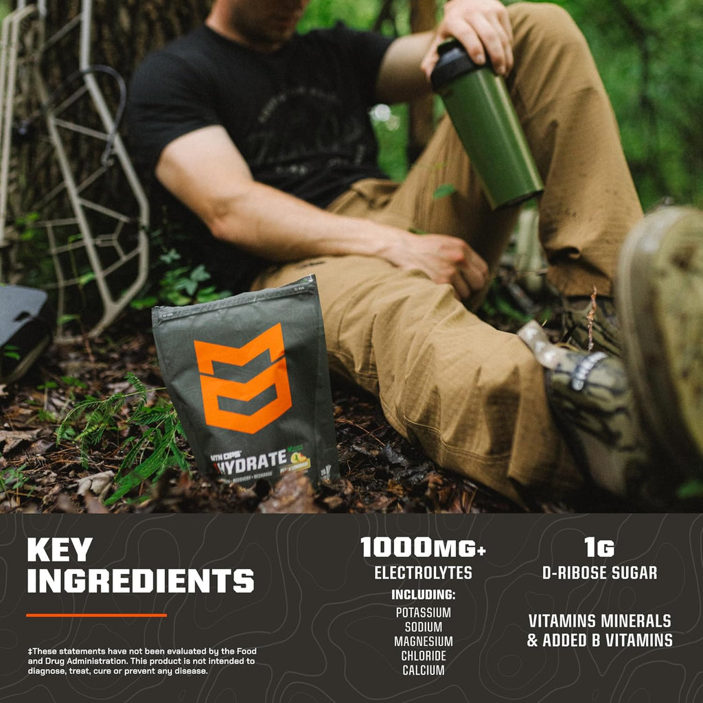 MTN OPS Hydrate Electrolytes Powder Drink Mix, Naturally Sweetened with Monk Fruit, Gluten Free 20 Single Serving On-The-Go Electrolyte Packs, Peach Lemoande
