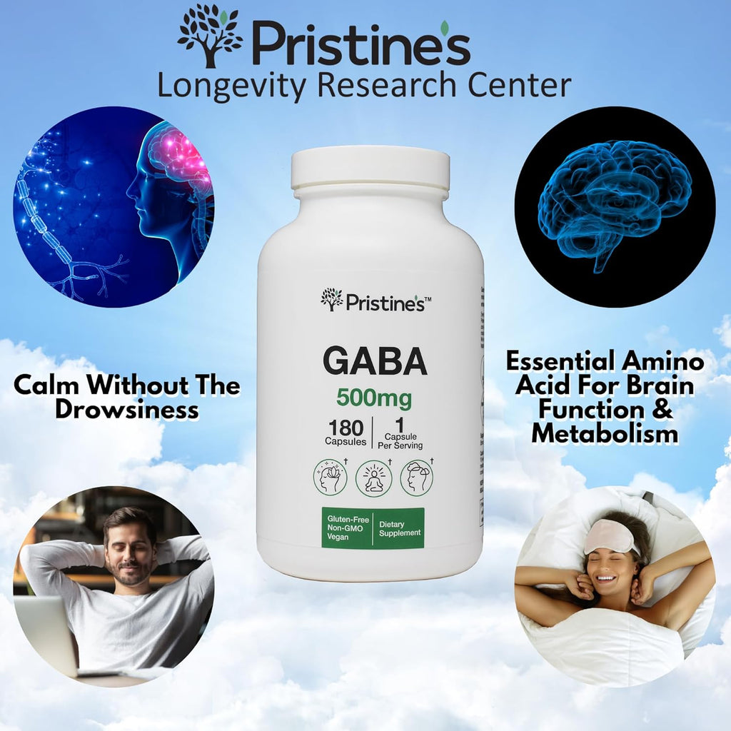 PRISTINE'S GABA 500mg Sleep Quality Support Supplement - 180 Day Supply - Calm Mind & Relaxation Sleep Support Capsules