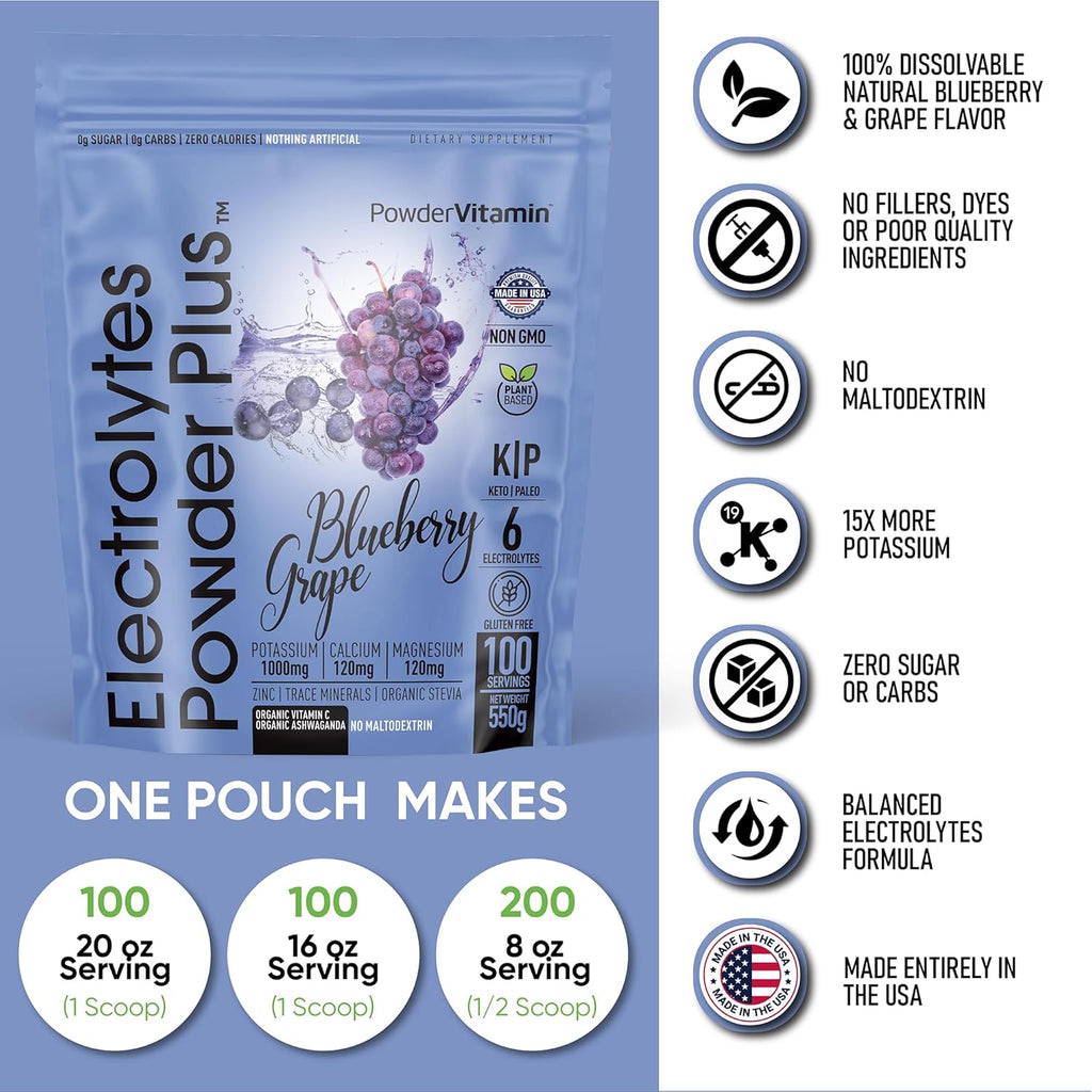 Electrolytes Powder Plus (100 Servings) Blueberry Grape Electrolyte Powder Sugar Free, Keto, 0 Sugar, No Maltodextrin, 1000mg Potassium,120mg Calcium,120mg Magnesium, Hydration