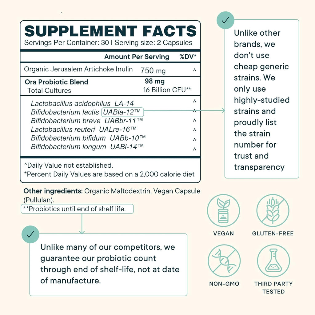 Ora Organic Probiotics with Prebiotics for Digestive Health 16 Billion CFU - Trust Your Gut - Strains - Acidophilus Lactobacillus Breve Bifidum Lactis
