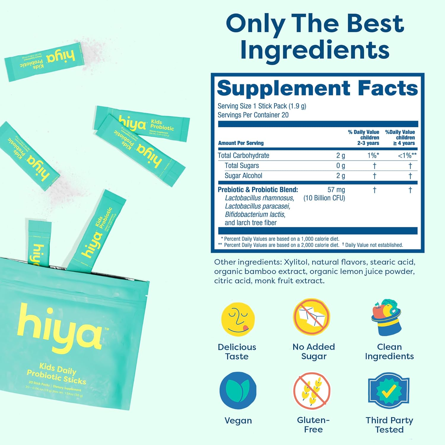 Hiya Kids Probiotic – 10 Billion CFU with Clinically-Studied Strains for Ages 2+, Supports Gut Health & Immune, 0g Sugar – 20 Stick Packs for Toddlers & Kids