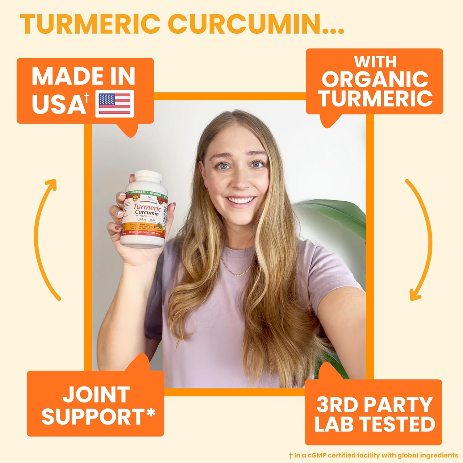 Turmeric Curcumin with Black Pepper - Organic Turmeric Powder - 200 Capsules - 1965mg Extra Strength, Joint Support Supplement - High Absorption, BioPerine Extract, High Potency, Vegan - Made in USA