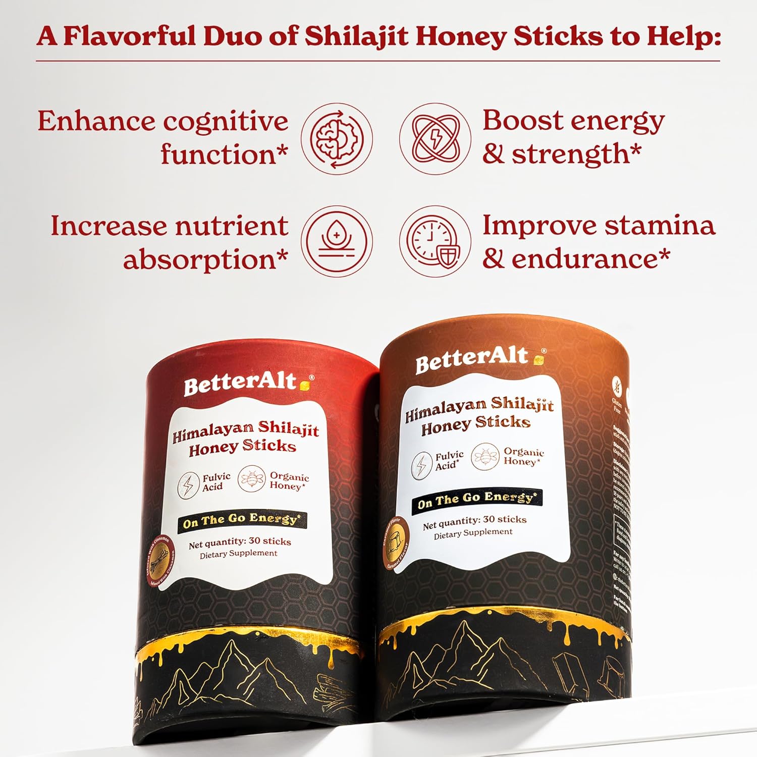Pure Himalayan Shilajit Sticks with Organic Honey, Saffron| Easy to Consume|30 Sticks for Energy Boost & Immune Support, 85+ Trace Minerals, 75%+ Fulvic Acid (Pack of 2) Cinnamon + Caramel