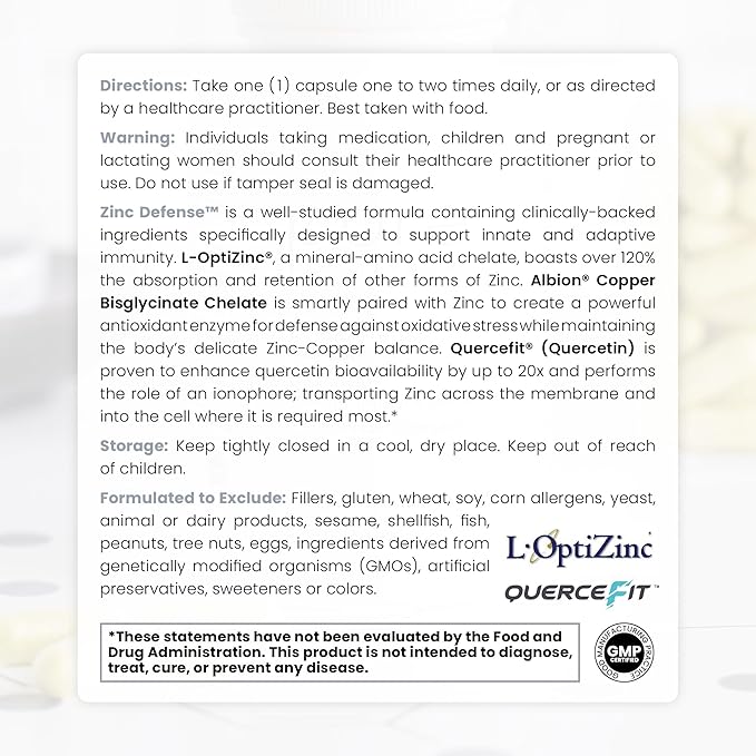 Zinc Defense | Zinc + Copper + Quercetin | 60 Servings in Vegan Capsules | L-OptiZinc & Quercefit Ionophore | Chelated Minerals | Immune, Gut, & Hormonal Balance Support
