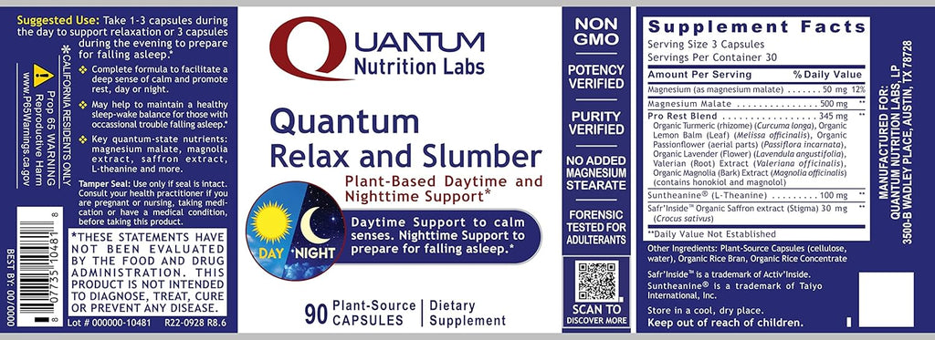 Quantum Nutrition Labs Quantum Relax and Slumber - Sleep Supplement with Magnesium Malate & L-Theanine, Natural Calm Complex with Lemon Balm & Valerian Root for Women & Men - 90 Capsules
