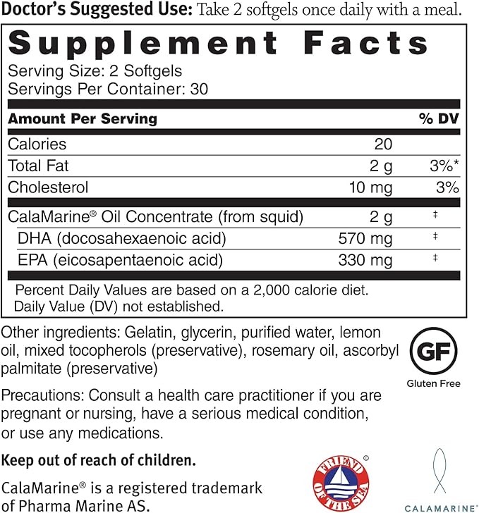 Dr. Sinatra CalaMarine Omega 3 Supplement with DHA and EPA, Clinical Grade for Brain, Heart, and Eye Health, 60 Softgels
