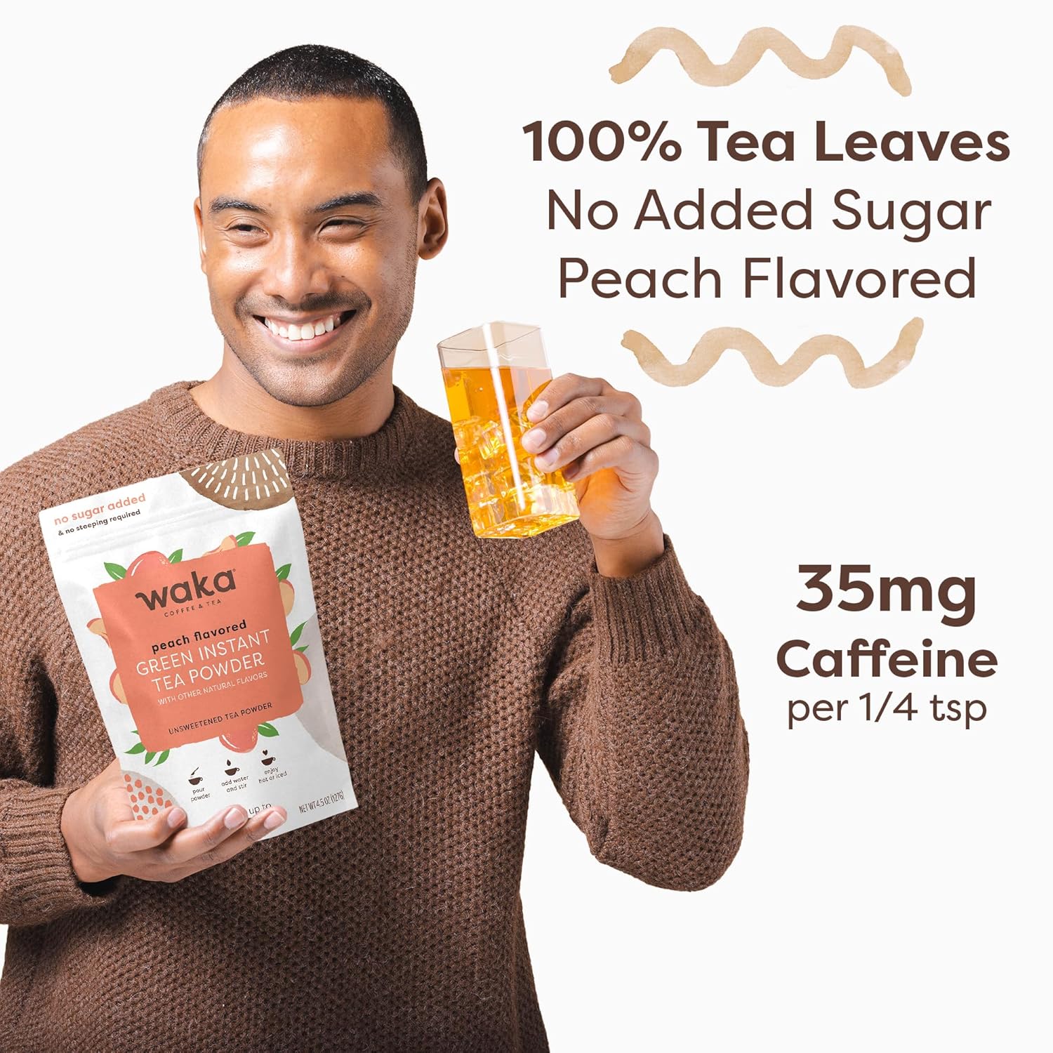 Waka Instant Green Tea Mix, Peach Flavored - 100% Tea Leaves, No Additives, Unsweetened Tea Powder in Bulk Pouch – Easy Quick Hot and Iced Teas, Up to 200 Cups (4.5oz)
