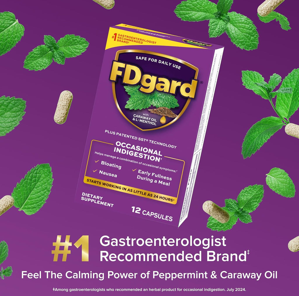 FDgard Gut Health Supplement, Indigestion, Nausea & Bloating, Upset Stomach, 12 Capsules