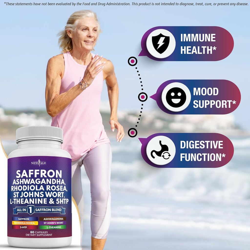 NEW AGE Saffron Supplements with Ashwagandha - Support with L-Theanine, Ginkgo Biloba, St. John's Wort, Rhodiola Rosea & 5-HTP - Saffron 120 Count