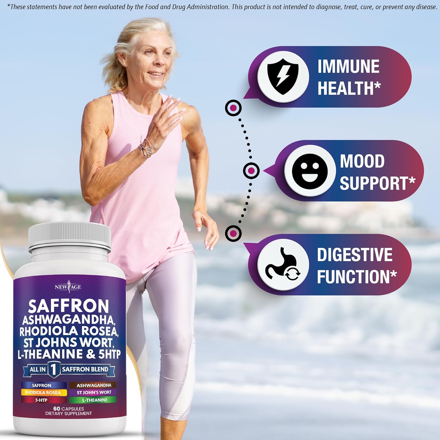 NEW AGE Saffron Supplements with Ashwagandha - Support with L-Theanine, Ginkgo Biloba, St. John's Wort, Rhodiola Rosea & 5-HTP - Saffron 120 Count