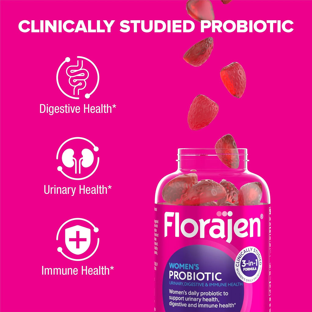 Florajen Women's Probiotic Gummies - Triple-Action Prebiotic + Probiotic + Cranberry for Digestive, Urinary, & Immune Support - Fast-Acting - Vegan & Gluten-Free - 40-Count