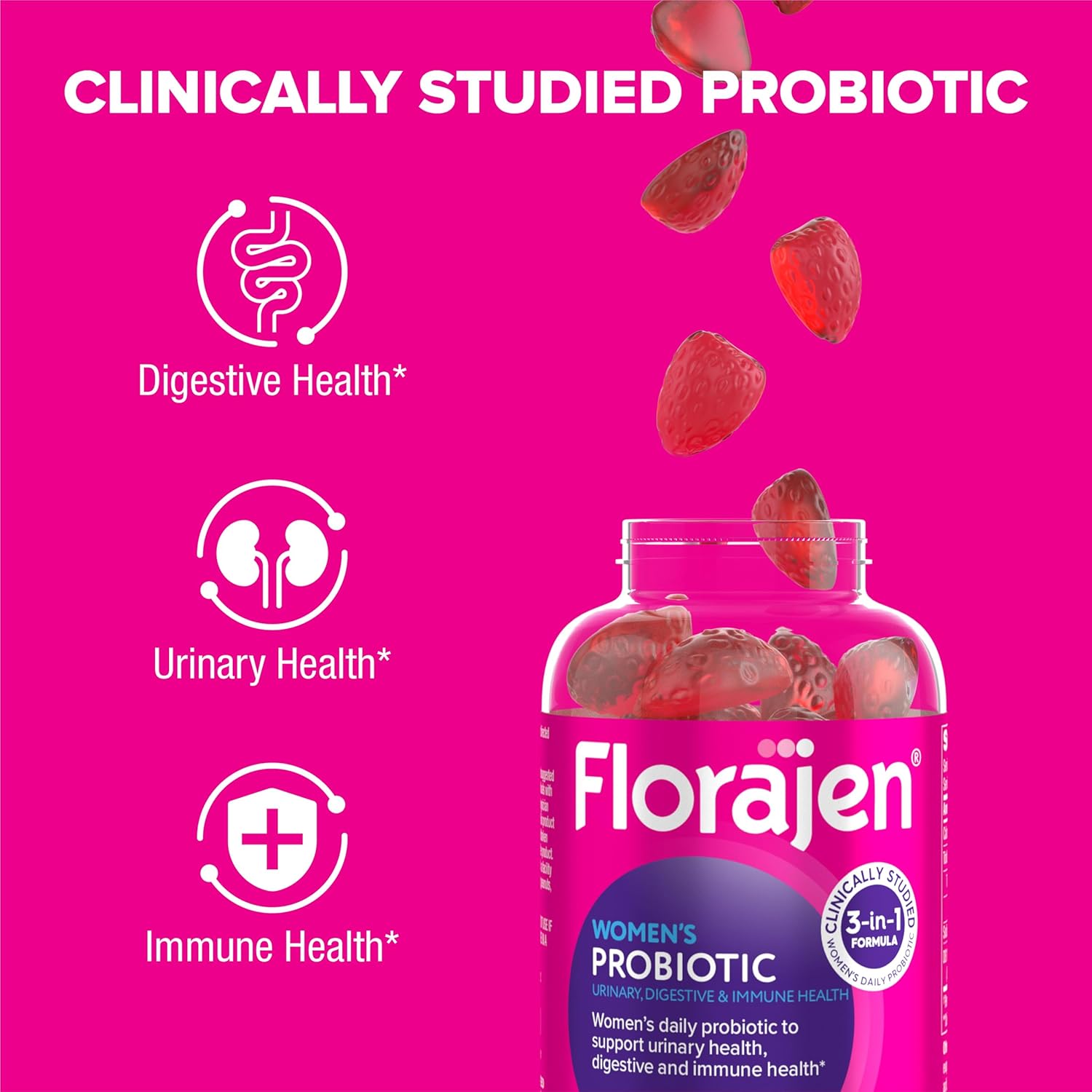 Florajen Women's Probiotic Gummies - Triple-Action Prebiotic + Probiotic + Cranberry for Digestive, Urinary, & Immune Support - Fast-Acting - Vegan & Gluten-Free - 40-Count