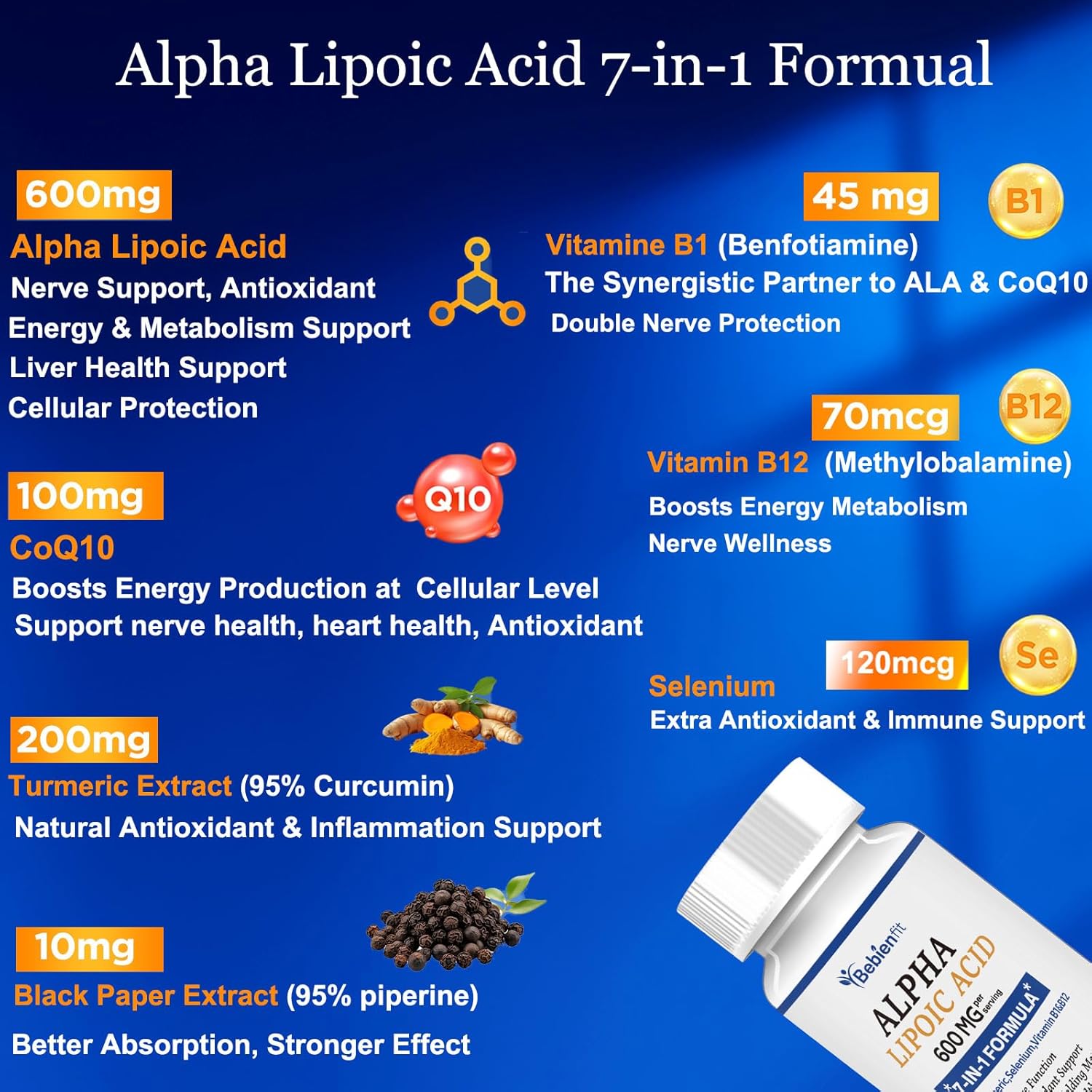 Alpha Lipoic Acid 600mg + CoQ10 & Active B1 & B12 – 7-in-1 Neuropathy Support – Fortify Nerves in Hands & Feet – Antioxidant, Cell Energy & Metabolism – Vegan, Gluten-Free, 120 Capsules