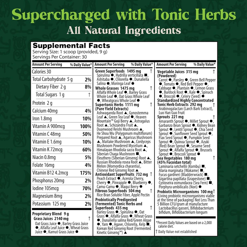 Dragon Herbs Tonic Alchemy Superfood Greens Powder - Single Serve Packet - 91 Ingredients: Tonic Herbs, Ashwagandha, Mushrooms, Prebiotics, Probiotics, Super Greens, Seaweeds, Fruits, Spirulina