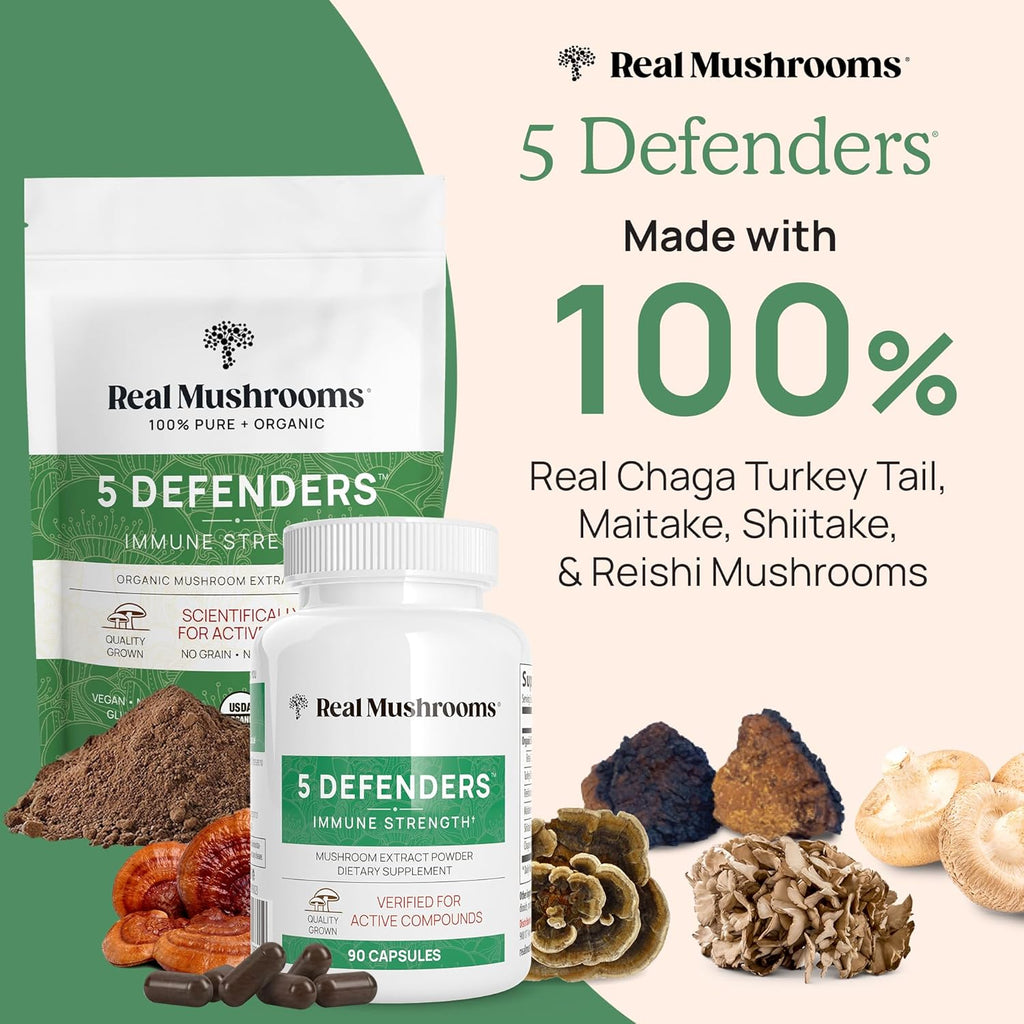 Real Mushrooms 5 Defenders Mushroom Complex Powder – Organic Mushrooms Extract from Chaga, Reishi, Turkey Tail, Maitake & Shiitake Mushroom Blend for Wellness Support with Beta Glucans - 100 Servings